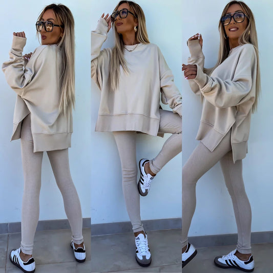 Women's Casual Loose Long Sleeve Crew Neck Split Top Tight Trousers